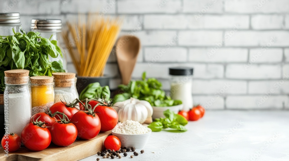 Modern kitchen countertop with fresh ingredients including tomatoes, herbs, and pasta in a stylish white setting for culinary preparation. Modern kitchen countertop with fresh ingredients including tomatoes, herbs, and pasta in a stylish white setting for culinary preparation.