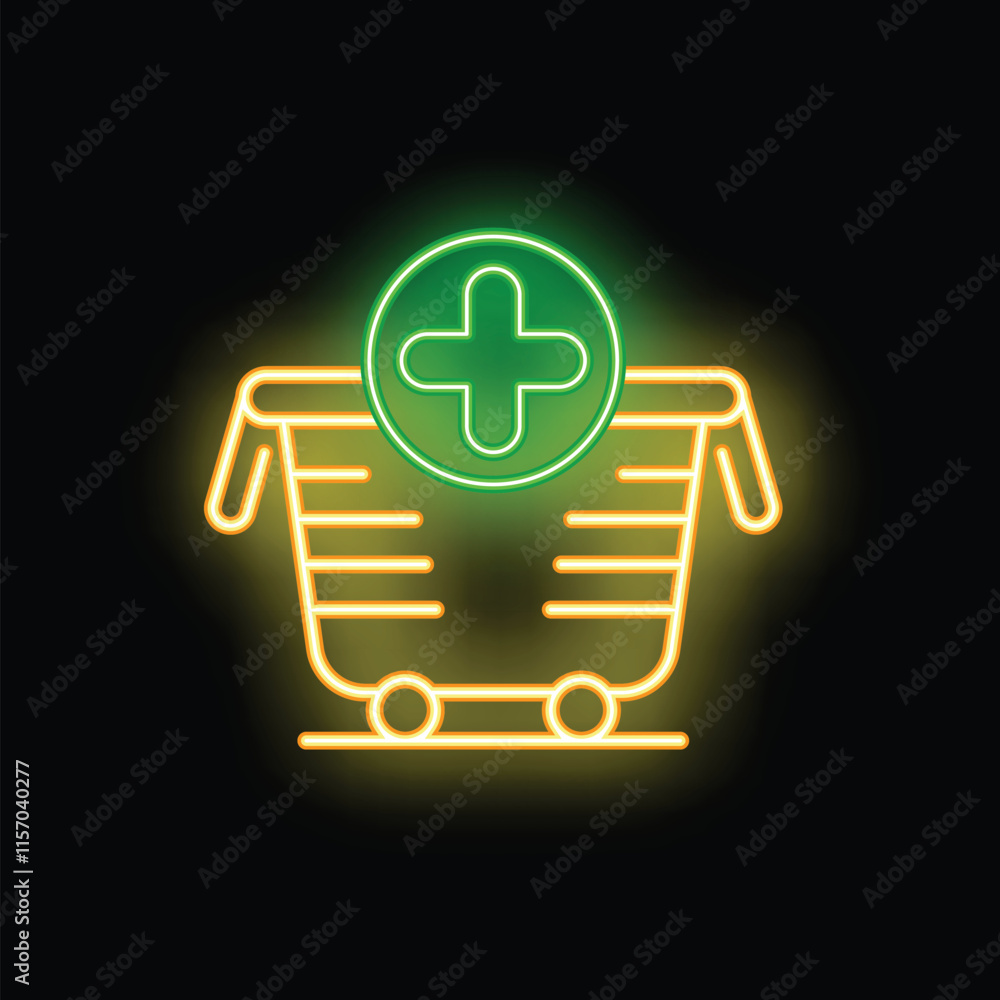 Obraz premium Neon green add to cart symbol glowing with yellow shopping cart on black background