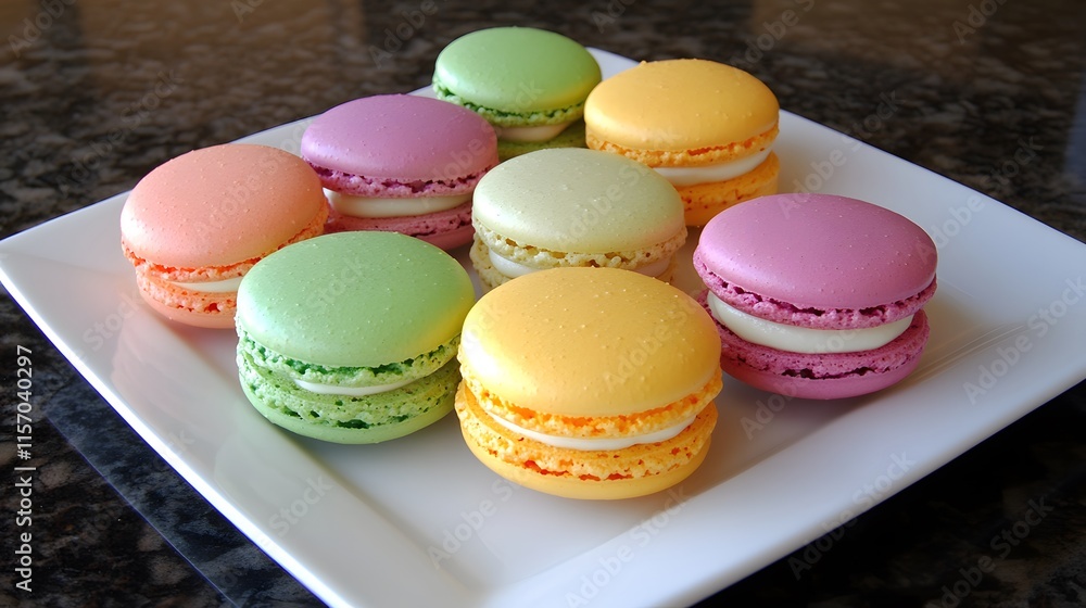 Fototapeta premium Colorful macarons displayed on white plate gourmet dessert kitchen aesthetic top view sweet treats for celebrations