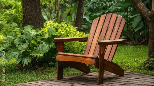 Rustic wooden chair in a lush garden setting surrounded by greenery and vibrant plants creating a peaceful outdoor atmosphere