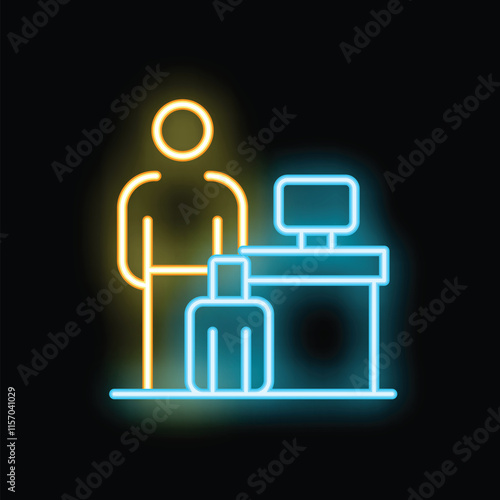 Neon sign of a passenger waiting for boarding at the check in counter with his suitcase