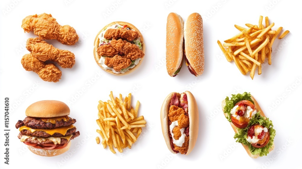 Variety of Fast Food Items Including Chicken, Fries, Sandwiches, Pizza and Hotdogs Isolated on White Background for Culinary Concepts Variety of Fast Food Items Including Chicken, Fries, Sandwiches, Pizza and Hotdogs Isolated on White Background for Culinary Concepts