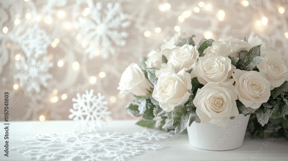 Elegant white roses in a decorative pot on a table with a snowflake backdrop and soft lighting creating a serene winter atmosphere. Elegant white roses in a decorative pot on a table with a snowflake backdrop and soft lighting creating a serene winter atmosphere.