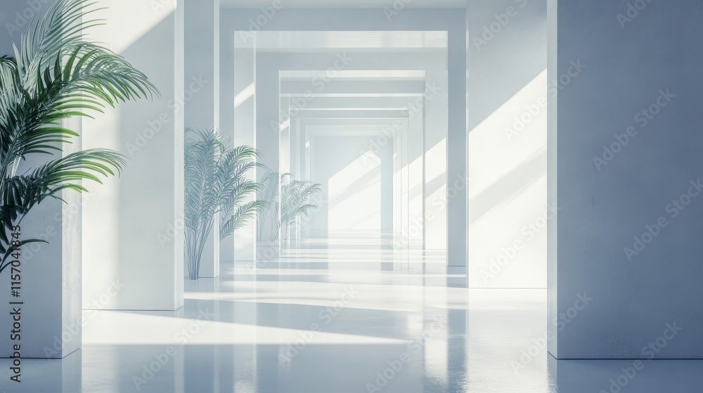 Fototapeta premium Modern corridor with natural light and greenery