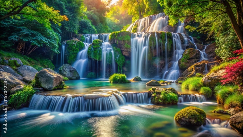 Obraz premium Serene Waterfall in Lush Mountain Landscape: Fashion Photography Backdrop