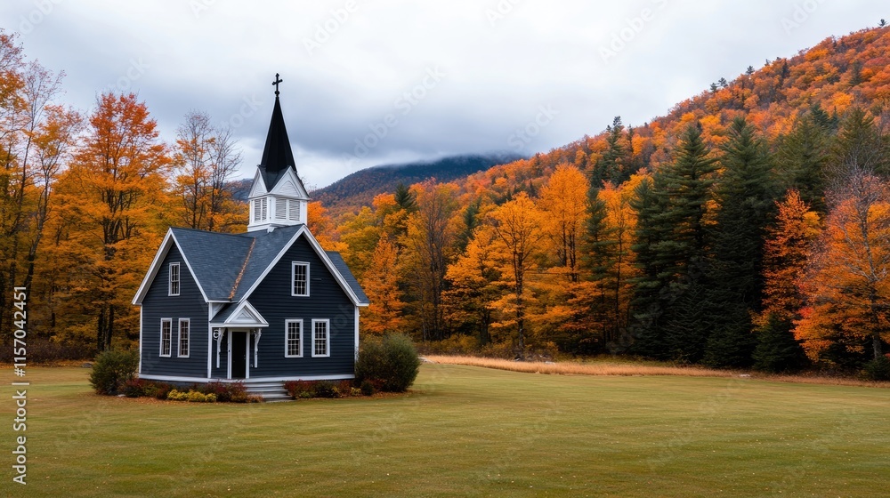 A quaint white and gray church with a black roof sits in a green field, surrounded by trees displaying autumn colors under a cloudy sky A quaint white and gray church with a black roof sits in a green field, surrounded by trees displaying autumn colors under a cloudy sky
