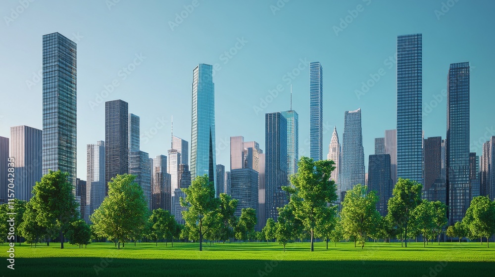 Fototapeta premium Modern skyline with lush green park foreground.