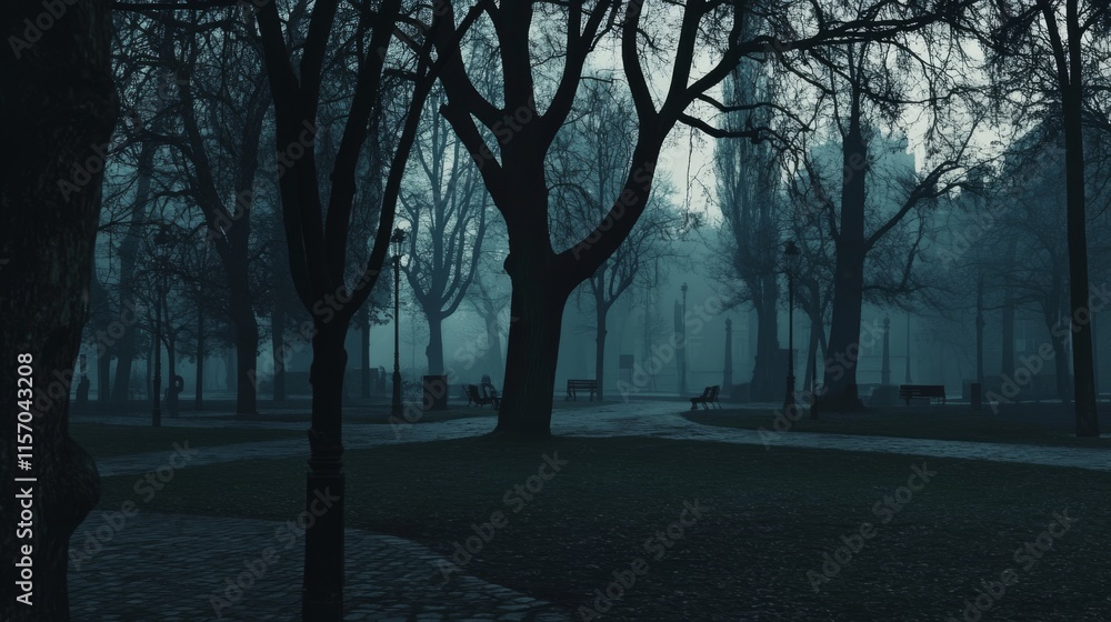 Naklejka premium Mysterious foggy park with silhouetted trees.