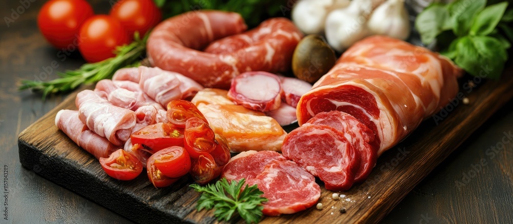Gourmet selection of fresh meats and vegetables arranged on a wooden cutting board ready for a weekend barbecue cookout Gourmet selection of fresh meats and vegetables arranged on a wooden cutting board ready for a weekend barbecue cookout