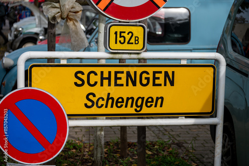 Entering in small wine-making village in Luxembourg on river Moselle, border includes tripoint borders of Germany, France, Luxembourg, place of signing of Schengen Agreement photo