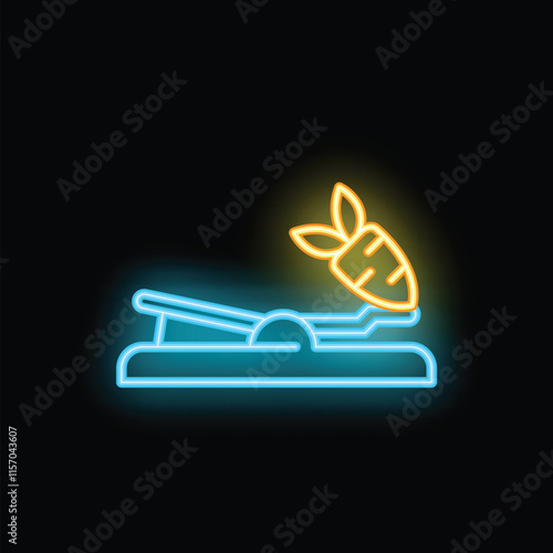 Glowing neon line carrot and mouse trap icon isolated on a black background. Concept for temptation and motivation, a bait for an animal