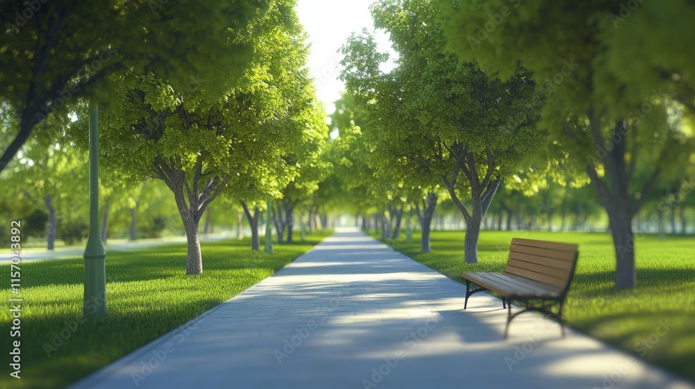 Fototapeta premium Peaceful park pathway shaded by lush trees.