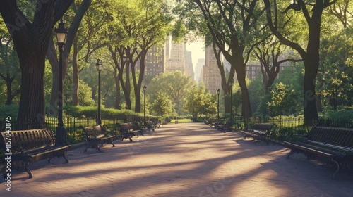 Peaceful park path lined with trees and benches.