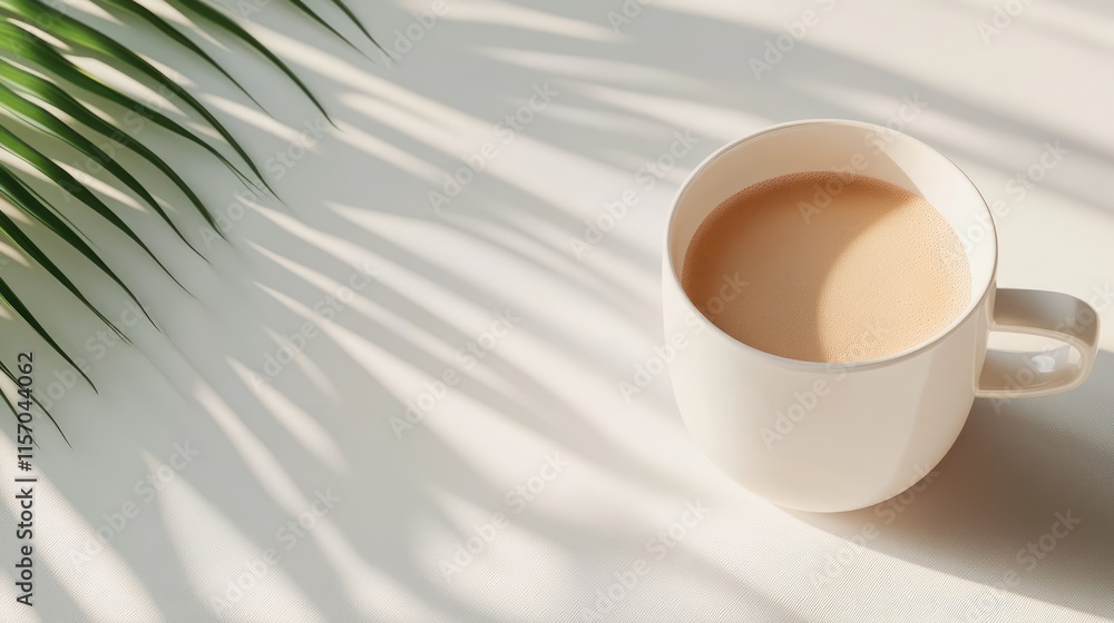 Elegant white coffee cup on a light surface with soft shadows and lush green palm leaves creating a serene coffee atmosphere. Elegant white coffee cup on a light surface with soft shadows and lush green palm leaves creating a serene coffee atmosphere.