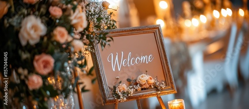 Elegant wedding welcome sign adorned with flowers and candles, designed for seating arrangements at the reception entrance for guests. photo