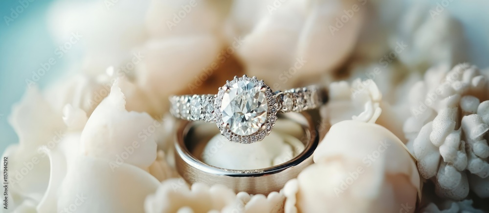 Elegant wedding rings beautifully arranged on a bed of romantic floral elements symbolizing love and commitment. Elegant wedding rings beautifully arranged on a bed of romantic floral elements symbolizing love and commitment.