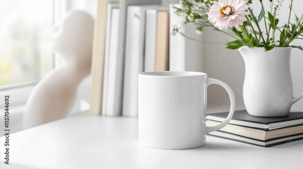 Elegant workspace setup featuring a white mug, books, a floral vase, and a decorative manikin on a bright table by the window Elegant workspace setup featuring a white mug, books, a floral vase, and a decorative manikin on a bright table by the window