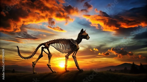 Silhouette of a Half Skeleton Cat at Sunset - Spooky Pet Halloween Stock Photo photo