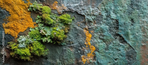 Weathered stone wall featuring vibrant moss and stains illustrating nature's resilience and the effects of time on natural surfaces photo