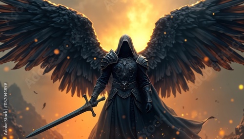 Dark warrior angel holds medieval sword. Powerful figure with large black wings. Dramatic fantasy art style. Fierce guardian daemon. Dramatic lighting. Vintage ancient theme. Beautiful digital photo