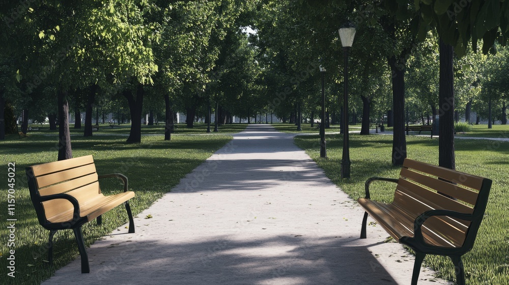 Quiet park pathway with benches and trees. Quiet park pathway with benches and trees.