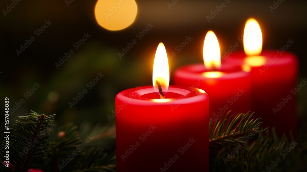 Red candles illuminate a cozy holiday setting. Red candles illuminate a cozy holiday setting.