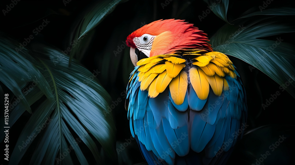 Fototapeta premium Vibrant Blue-and-Gold Macaw Parrot Perched Amid Lush Tropical Foliage.
