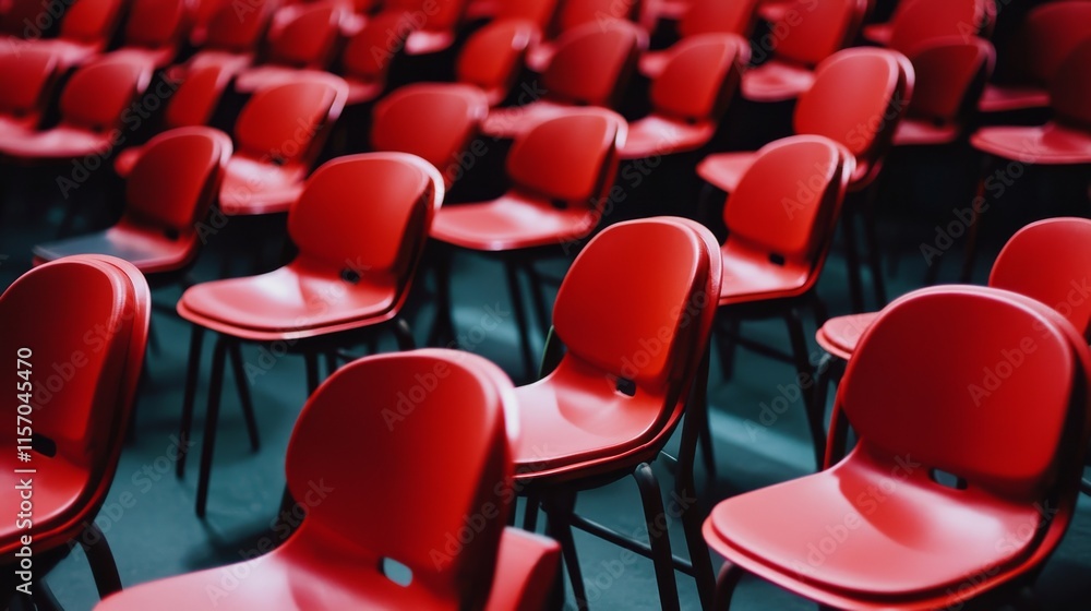 Naklejka premium Rows of vibrant red chairs arranged neatly.