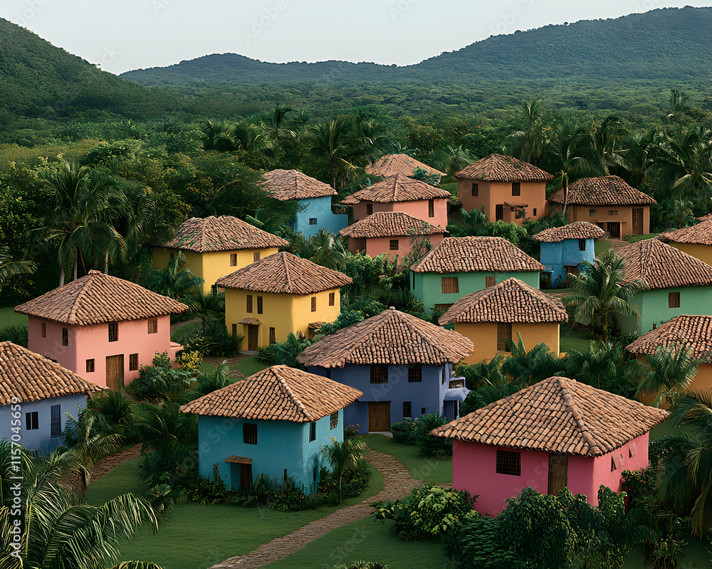 Colorful Caribbean village nestled in lush tropical landscape. Vibrant houses, terracotta roofs. Colorful Caribbean village nestled in lush tropical landscape. Vibrant houses, terracotta roofs.