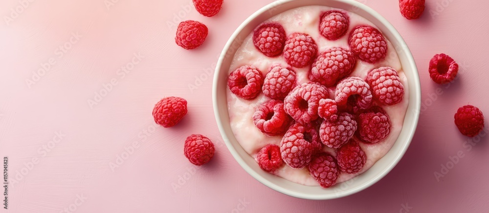 Belgian waffles served with fresh raspberries in a bowl on a pastel pink background. Belgian waffles served with fresh raspberries in a bowl on a pastel pink background.