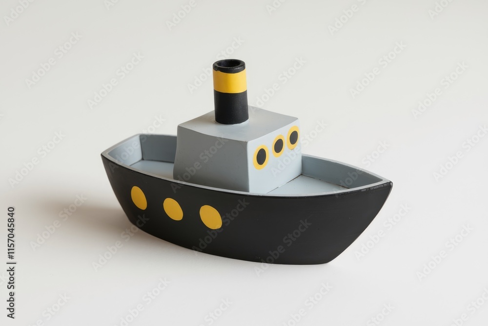 A charming grey and black wooden toy tugboat with yellow portholes, ideal for imaginative play. A charming grey and black wooden toy tugboat with yellow portholes, ideal for imaginative play.