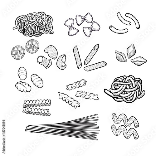 Photos A charming lineup of pasta types, all sketched in whimsical hand-drawn style