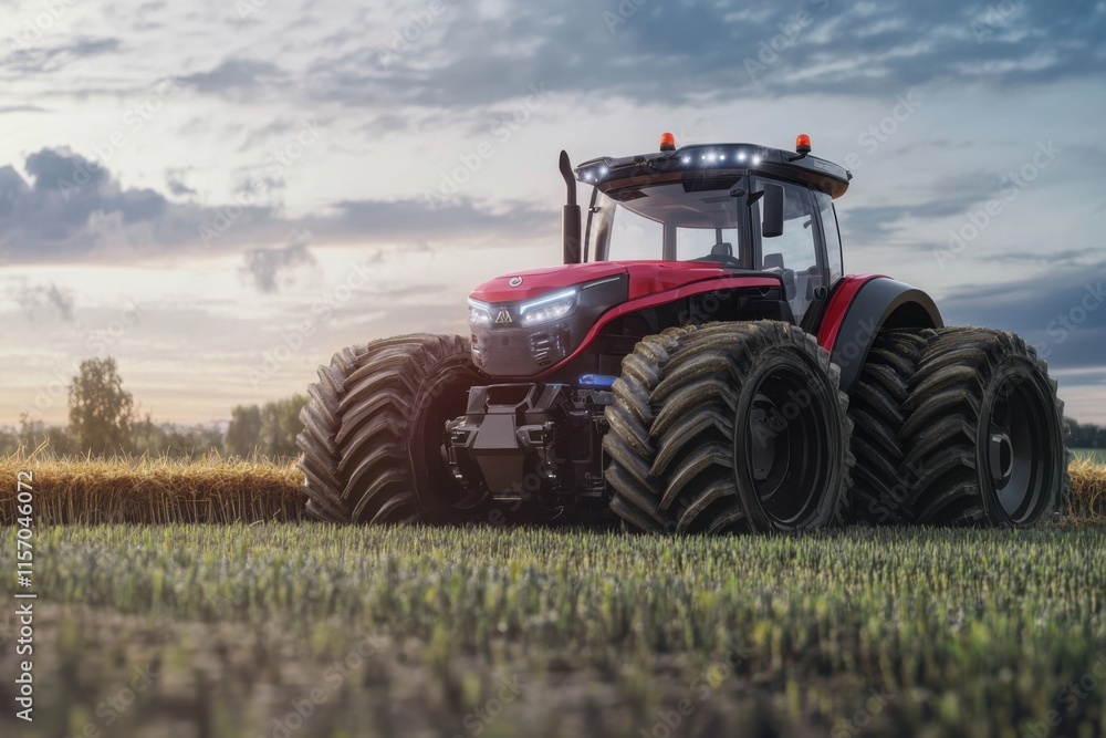 Modern tractor working in a field during sunset with rich clouds and lush greenery Modern tractor working in a field during sunset with rich clouds and lush greenery