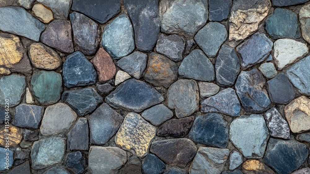 Fototapeta premium Vintage cobblestone granite sidewalk texture background showcasing a rustic stone pattern in earthy tones with varied shapes and sizes.