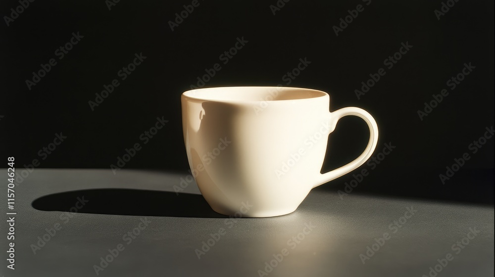 Minimalist white coffee cup with soft shadows on a dark tabletop showcasing elegant simplicity and tranquility in modern design. Minimalist white coffee cup with soft shadows on a dark tabletop showcasing elegant simplicity and tranquility in modern design.
