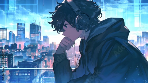 Black-haired anime boy with headphones, cityscape background, serene and thoughtful vibe photo