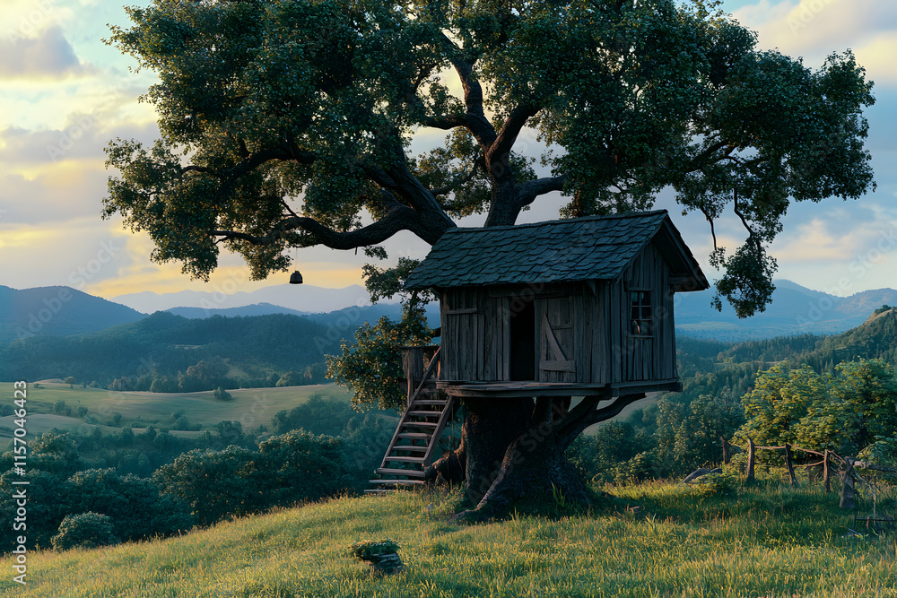 Serene sunset view of a rustic treehouse nestled in a large oak tree overlooking rolling green hills and distant mountains. Serene sunset view of a rustic treehouse nestled in a large oak tree overlooking rolling green hills and distant mountains.