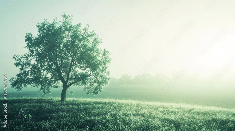 Obraz premium Serene landscape with a lone tree at dawn.
