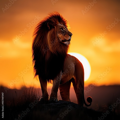 Majestic lion silhouetted against a vibrant sunset. photo