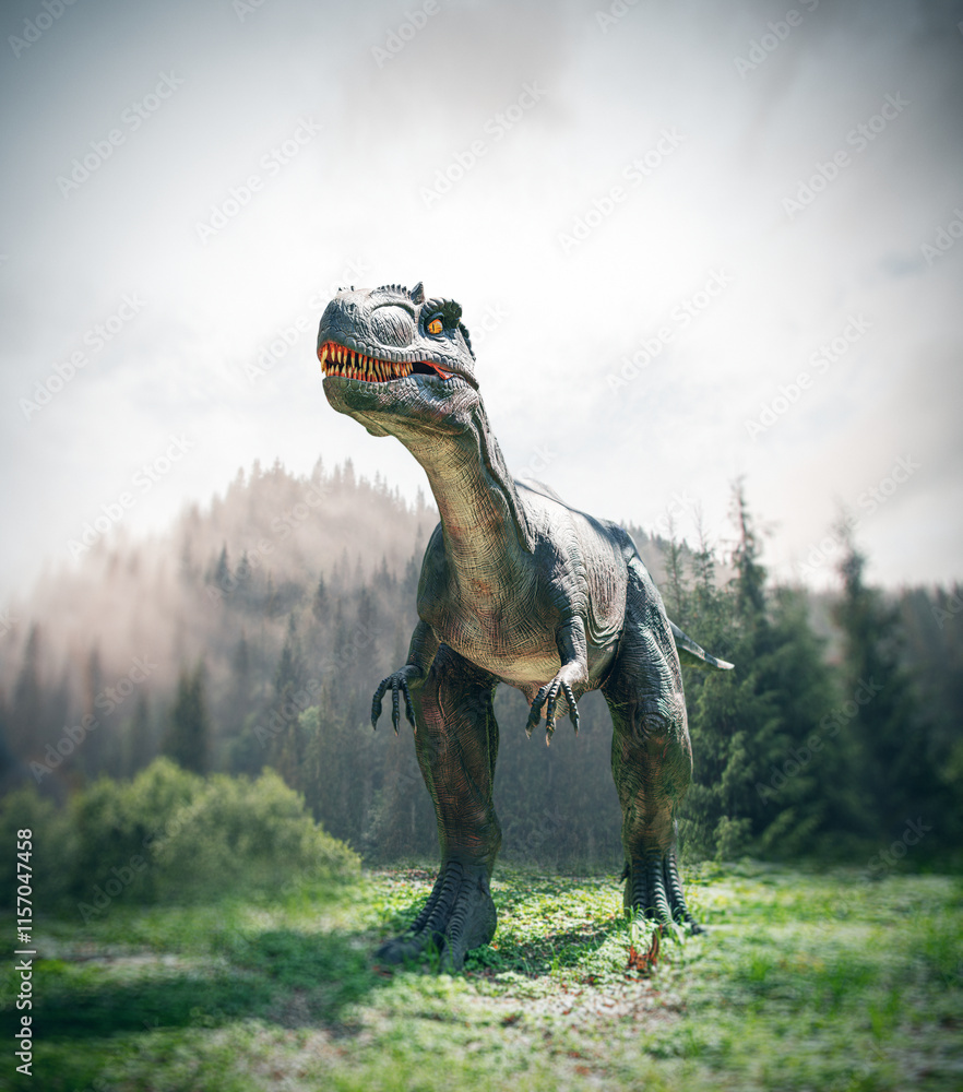 Tyrannosaurus. Tyrannosaurus model against a forest background.