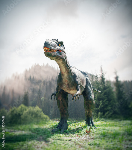 Obraz na płótnie Tyrannosaurus. Tyrannosaurus model against a forest background. w salonie