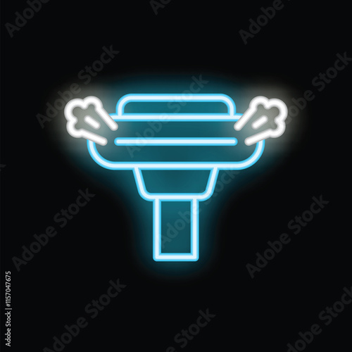 Blue neon icon of a shaving razor glowing on dark background