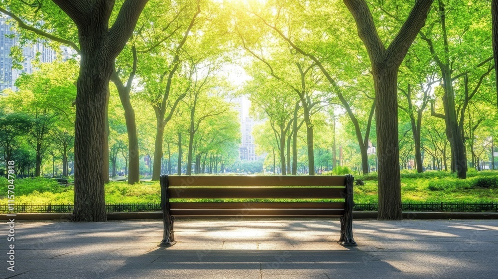 Serene park bench surrounded by lush greenery. Serene park bench surrounded by lush greenery.