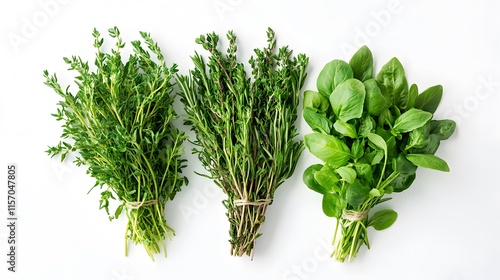 Fresh herb bundles for culinary use kitchen counter photography bright white background close-up culinary arts photo