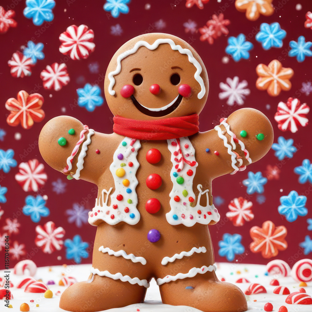 Obraz premium Cute gingerbread man wearing red scarf surrounded by various Christmas candies and cookies