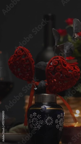 Vertical video. Table decorated for Valentine's Day. Red heart shaped table decorations on table. Romantic date, candlelit dinner.