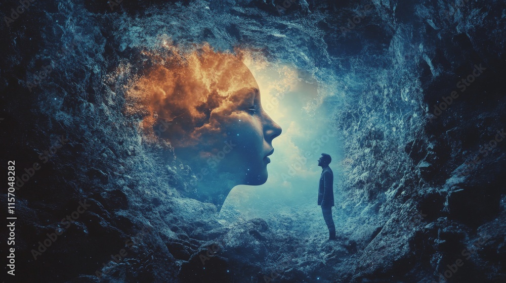 Man Contemplates Cosmic Face in Cave Man Contemplates Cosmic Face in Cave