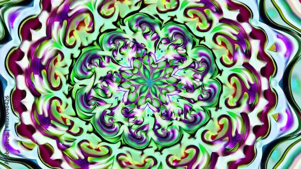 Kaleidoscopic mandala with floral-inspired patterns in green, purple, and burgundy Kaleidoscopic mandala with floral-inspired patterns in green, purple, and burgundy