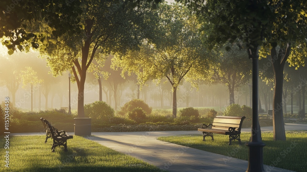 Obraz premium Serene park scene with trees and benches.