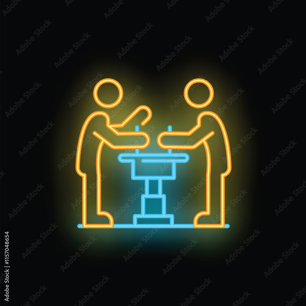 Fototapeta premium Neon sign of two political candidates participating in a debate, standing at podiums with microphones